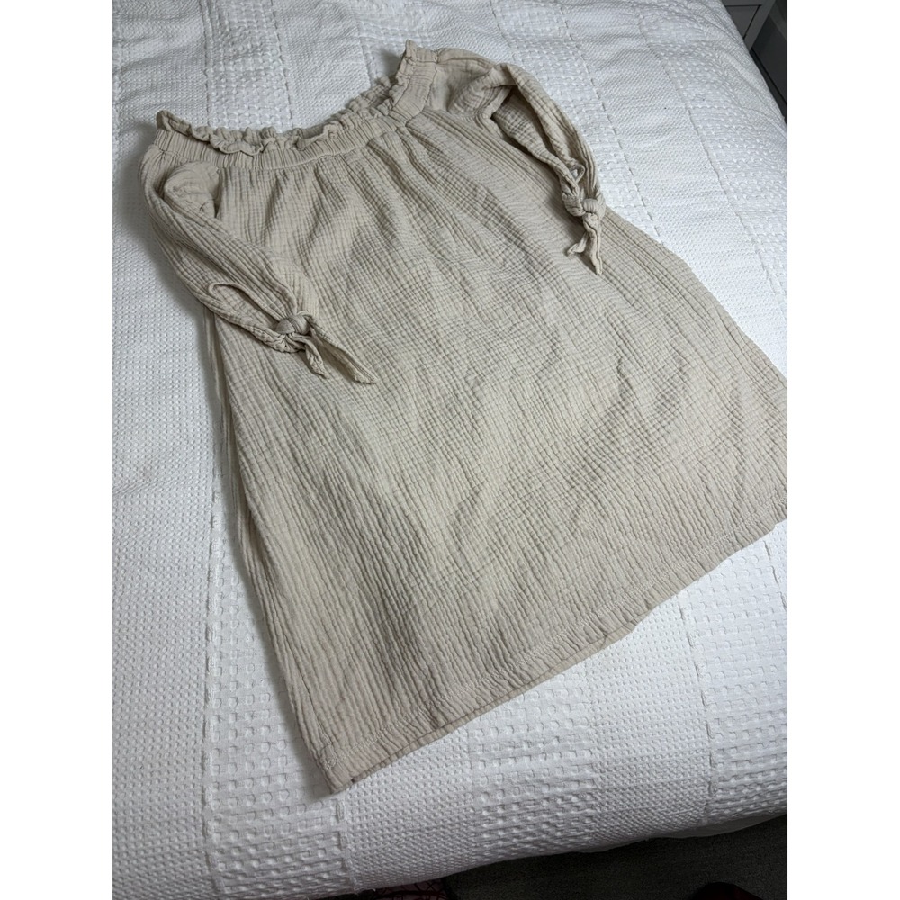 Loving People Tan Cotton Gauze Off Shoulder Tie Sleeve Mini Dress Medium USA